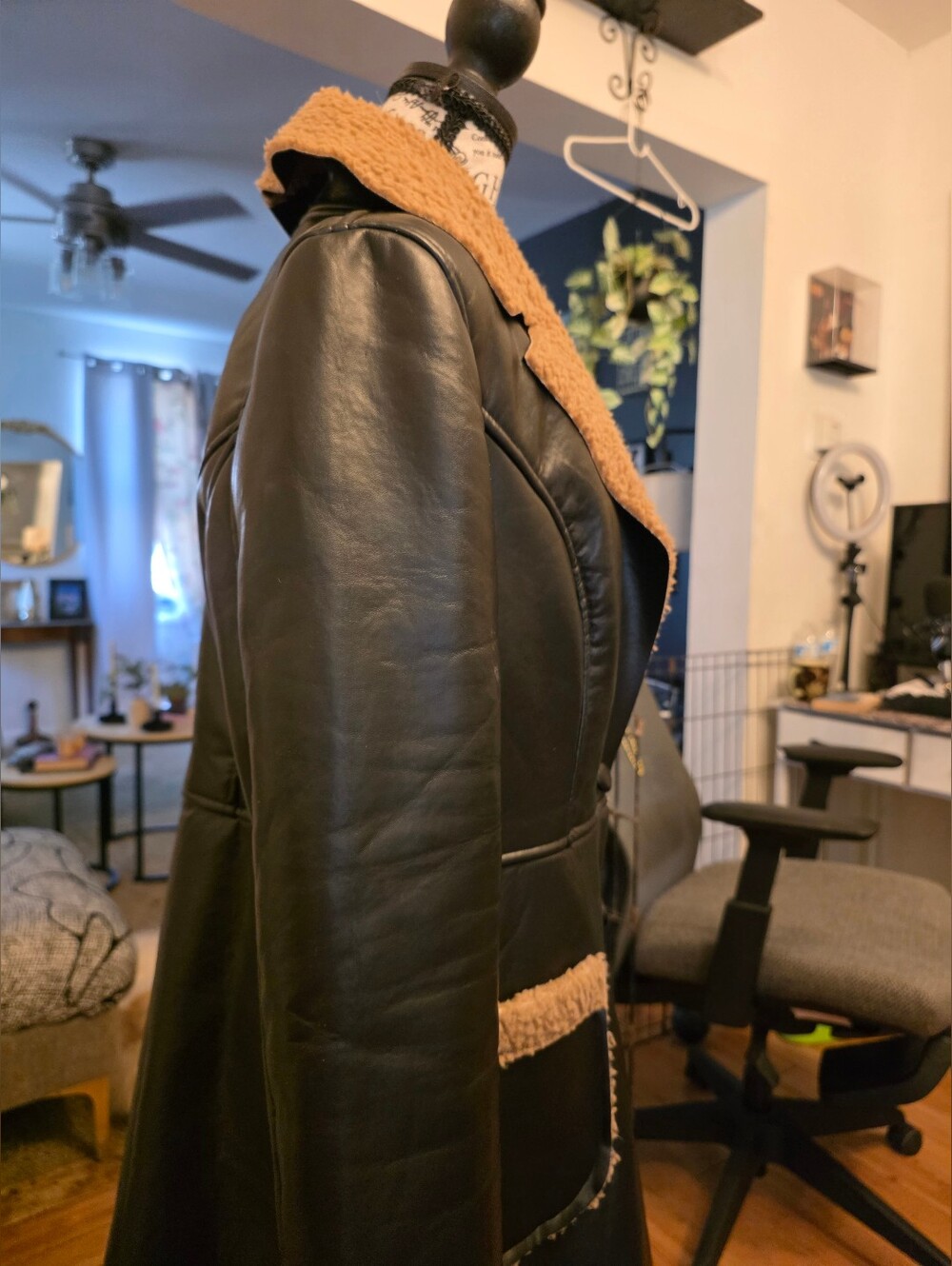 Faux Leather Long Coat with Contrast Sherpa Trim - Black/Tan